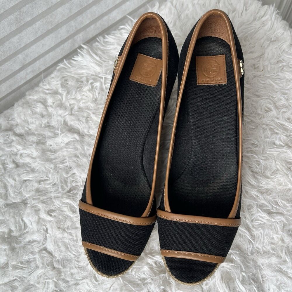 Tory Burch Majorca peep toe wedge shoes black canvas with leather trim, 38/8 US